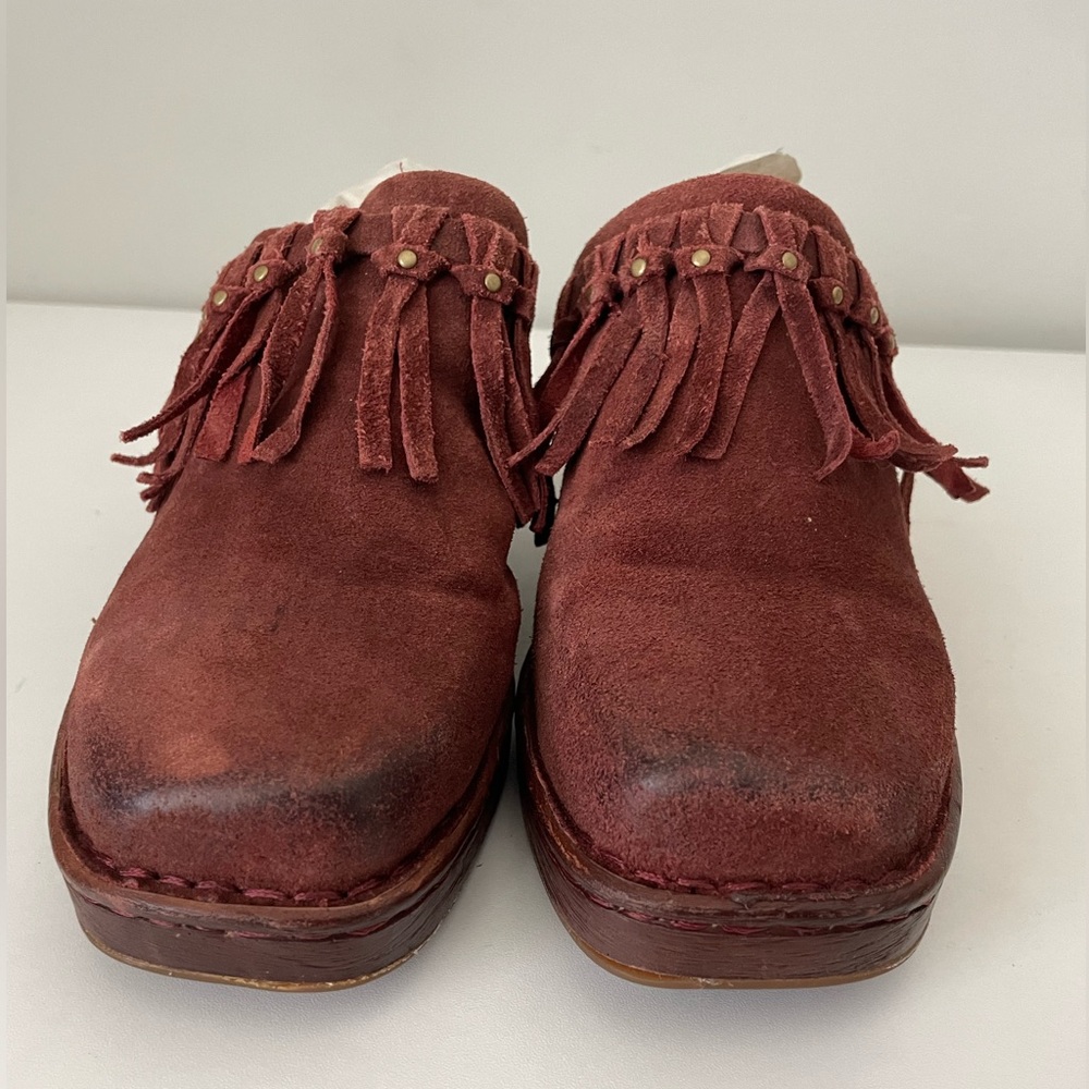 Born Harmony Southwest Clog Brown Suede Leather Heel Square Toe Tassel Women's 8